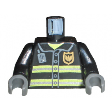 black torso fire uniform gold badge silver reflective stripes dark bluish gray radio pattern black arms dark bluish gray hands