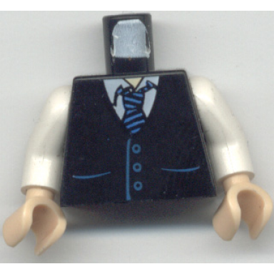 black torso vest with pockets and buttons over white shirt tie with blue stripes light nougat neck pattern white arms light nougat hands