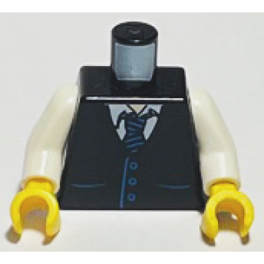 black torso vest with pockets and buttons over white shirt tie with blue stripes light nougat neck pattern white arms yellow hands