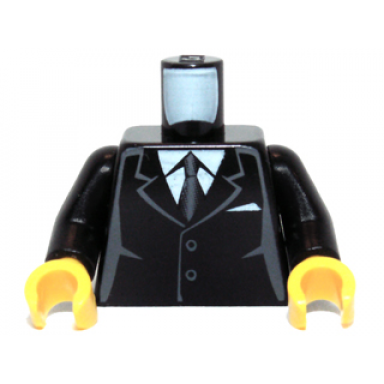 black torso suit with 2 buttons gray sides gray centerline and tie pattern black arms yellow hands