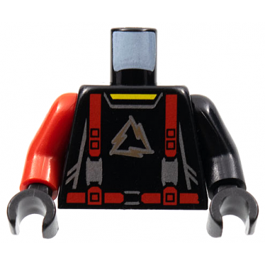 black torso alpha team arctic logo black shirt and red straps pattern black arm left red arm right black hands
