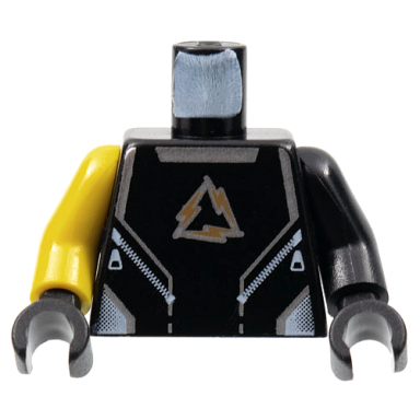 black torso alpha team arctic logo black shirt and silver lines pattern black arm left yellow arm right black hands