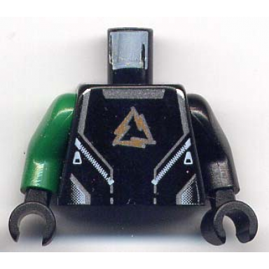 black torso alpha team arctic logo black shirt and silver lines pattern black arm left green arm right black hands