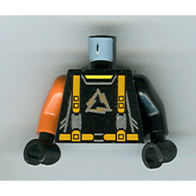 black torso alpha team arctic logo black shirt and orange straps pattern black arm left orange arm right black hands