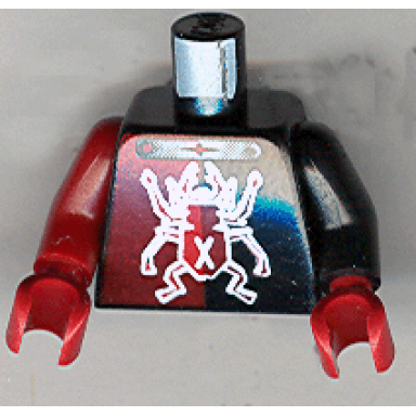 black torso alpha team minion scarab with silver outline and x pattern black arm left dark red arm right dark red hands