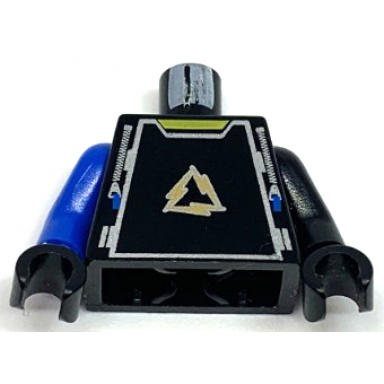 black torso alpha team arctic uniform with copper lightning bolts in triangle logo and silver zippers with blue tabs yellow neck pattern black arm left blue arm right black hands