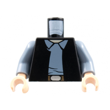 black torso sw vest open over sand blue shirt with collar dark brown belt with silver buckle light nougat neck pattern sand blue arms light nougat hands