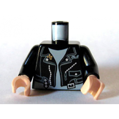black torso leather jacket open with pocket zippers strap with silver buckle and script mutt over light bluish gray shirt pattern black arms light nougat hands
