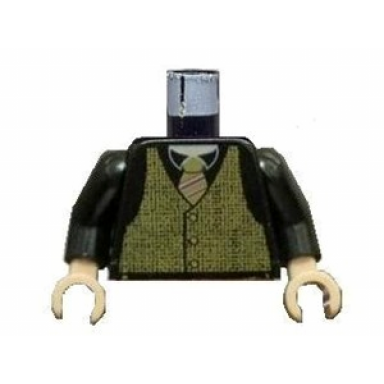black torso speed racer tweed vest with rep striped tie pattern black arms light nougat hands