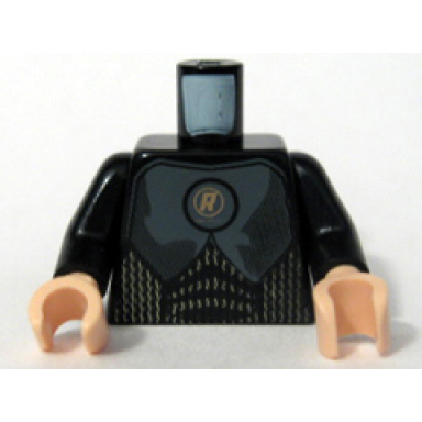 black torso speed racer with gold r in circle and chest armor pattern black arms light nougat hands