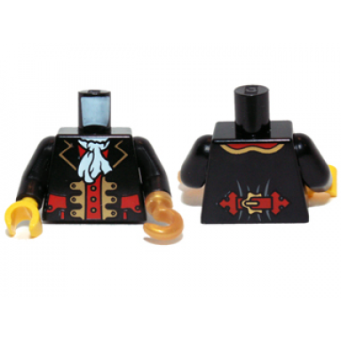 black torso pirate captain jacket open with gold trim and red pockets over red shirt white ascot pattern black arms pearl gold hook left yellow hand right