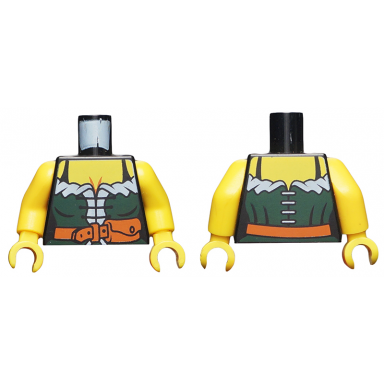 black torso female pirate dark green corset with white trim dark orange belt with pouch yellow chest pattern yellow arms yellow hands