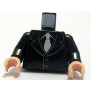 black torso suit with 2 buttons and white tie pattern black arms light nougat hands