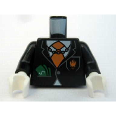 black torso agents villain suit with orange tie and cash in pocket dollar sign on back pattern black arms white hands