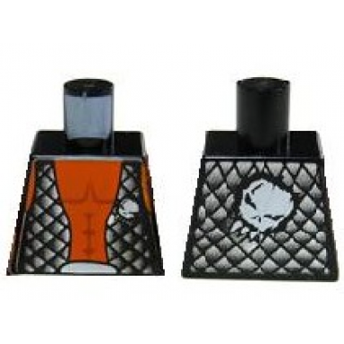 torso alien with orange skin and black open vest with alien head on front and back pattern