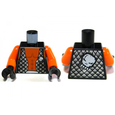 black torso alien with orange skin and black open vest with alien head on front and back pattern orange arms black hands