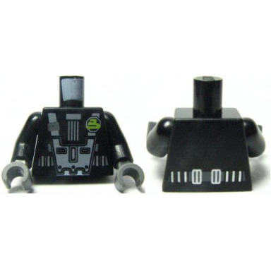 black torso space light bluish gray harness dark bluish gray belt silver buckles pin with stylized lime capital letter b blacktron ii logo pattern black arms dark bluish gray hands