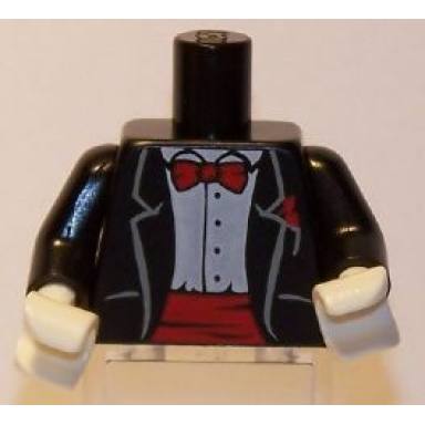 black torso jacket formal with white shirt and red bow tie and cummerbund pattern black arms white hands