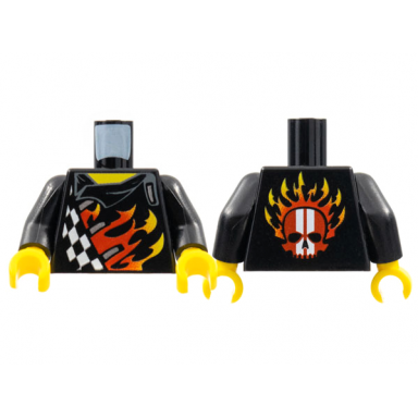 black torso world racers - checkered pattern with flames on front flames and red skull with white stripes on back black arms yellow hands