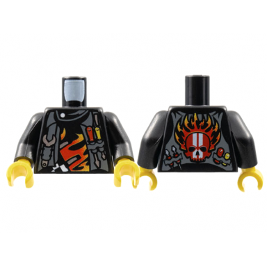 black torso world racers - vest and tools on front skull and flames on back pattern black arms yellow hands