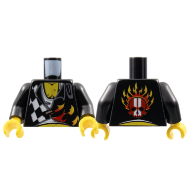 black torso world racers - checkered pattern with flames chest hair on front skull on back black arms yellow hands