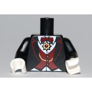 black torso suit with dark red vest and bow tie gold chain and medallion pattern vampire black arms white hands