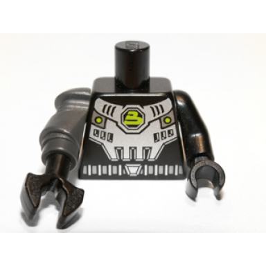 black torso space silver breastplate with belt and blacktron ii logo pattern black arm and hand left pearl dark gray mech arm and black claw right