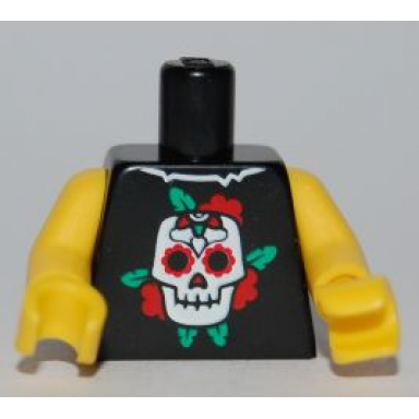 black torso shirt with torn collar white skull red flowers and green leaves pattern yellow arms yellow hands