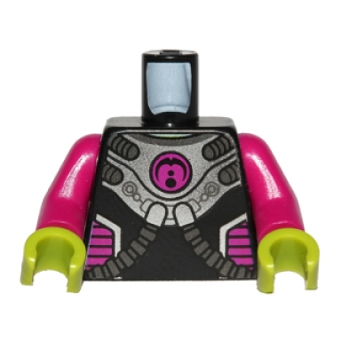 black torso alien silver armor breastplate with dark silver hoses magenta circle logo and side panels lime neck pattern magenta arms lime hands