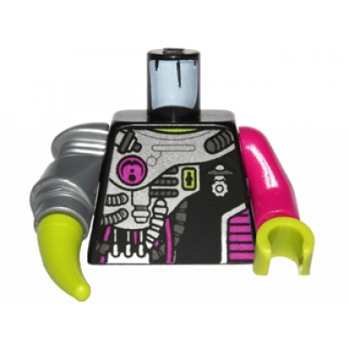 black torso alien conquest alien diagonal armor pattern magenta arm and lime hand left mech arm and lime barb right