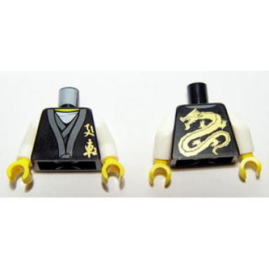 black torso ninjago gold asian characters front and dragon back pattern white arms yellow hands
