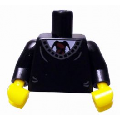 black torso sweater over white shirt and dark red tie pattern black arms yellow hands