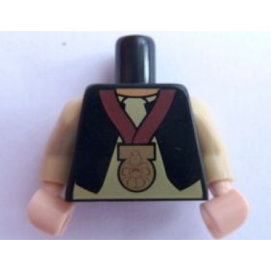 black torso black vest white shirt light nougat neck gold medal pattern tan arms light nougat hands