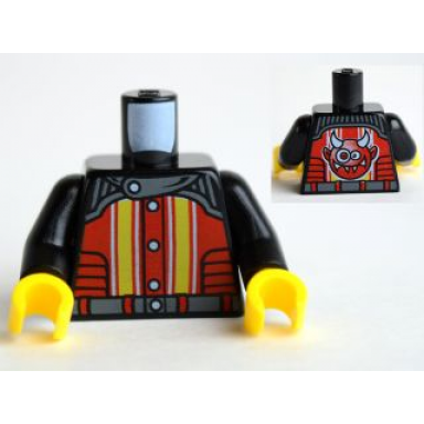 black torso racers with 5 buttons yellow and white stripes front crazy demon back pattern black arms yellow hands