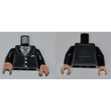 black torso suit with 3 buttons and gray tie pattern black arms light nougat hands