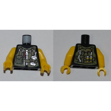 black torso dino utility vest with pocket and dark tan straps screwdriver with red handle and silver radio pattern yellow arms yellow hands