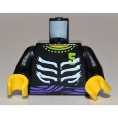 black torso ninjago skeleton ribs white purple waist sash and number 5 pattern black arms yellow hands