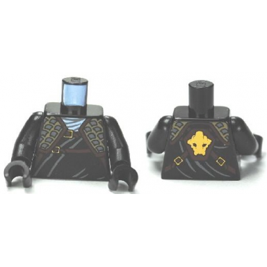 black torso ninjago wrap with dark tan and dark bluish gray shoulder armor dark brown straps with gold buckles stone gorilla head on back pattern black arms black hands