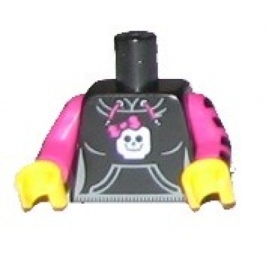 black torso hooded sweatshirt with pocket drawstring and minifigure skull pattern magenta arms with black stripes yellow hands