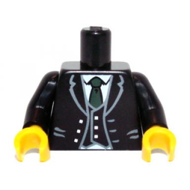 black torso jacket and vest with buttons and white shirt and green tie pattern black arms yellow hands