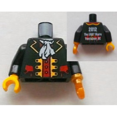 black torso pirate captain jacket open with gold trim and red pockets over red shirt white ascot 2012 the lego store vancouver bc back pattern black arms pearl gold hook left yellow hand right