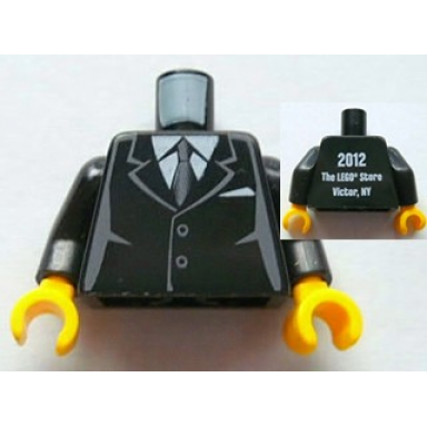 black torso suit with 2 buttons gray sides gray centerline and tie front 2012 the lego store victor ny back pattern black arms yellow hands