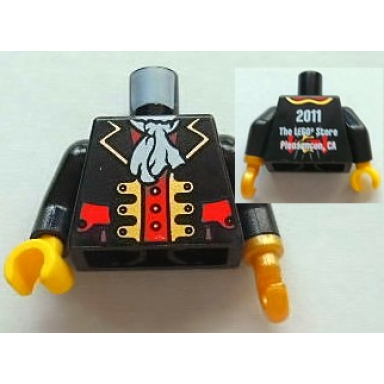 black torso pirate captain jacket open with gold trim and red pockets over red shirt white ascot 2011 the lego store pleasanton ca back pattern black arms pearl gold hook left yellow hand right