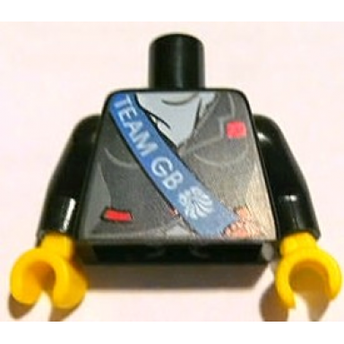 black torso equestrian jacket with blue sash and team gb pattern black arms yellow hands