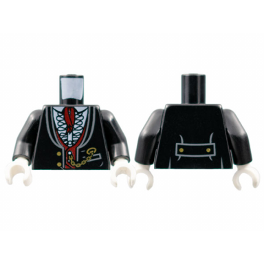 black torso jacket formal with white shirt with frills dark red vest and cravat gold watch chain pattern black arms white hands