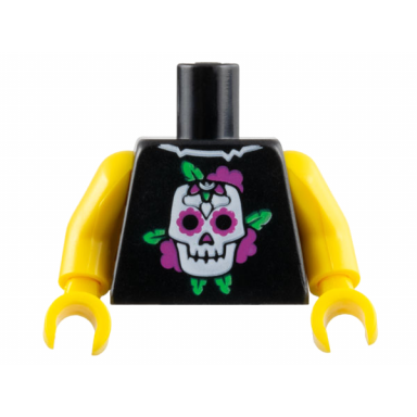 black torso shirt with torn collar white skull dark pink flowers and bright green leaves pattern yellow arms yellow hands