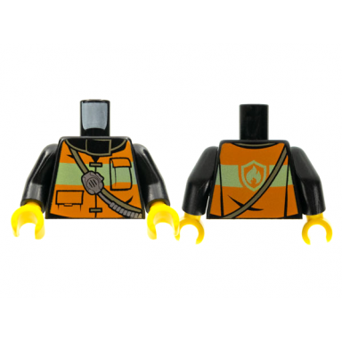 black torso fire reflective stripe vest with pockets and shoulder strap with radio and fire badge on back pattern black arms yellow hands