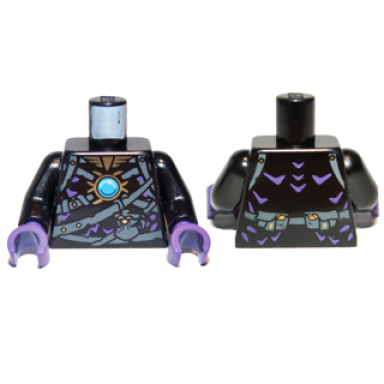 black torso chima with dark bluish gray belts medium lavender highlights and dark azure round jewel chi pattern black arms dark purple hands