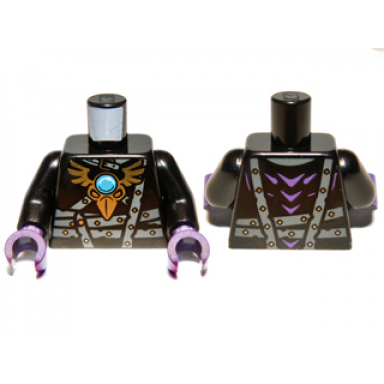 black torso armor with dark bluish gray belts gold raven pendant and dark azure round jewel chi pattern black arms dark purple hands