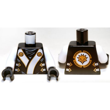 black torso ninjago robe with white and gold sash pattern white arms black hands